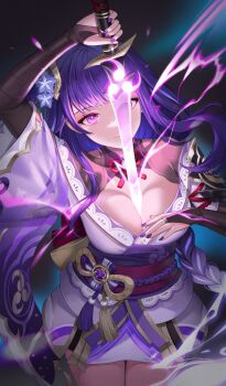 1girl absurdres arms_up blunt_bangs blurry blurry_background braid breasts bridal_gauntlets cleavage closed_mouth collarbone commentary depth_of_field drawing_sword electricity english_commentary genshin_impact glowing glowing_eyes glowing_sword glowing_weapon hair_ornament highres holding holding_sword holding_weapon human_scabbard japanese_clothes kimono large_breasts leaning_forward leaning_to_the_side very_long_braid looking_at_viewer looking_up mitsudomoe_(shape) mole mole_under_eye multicolored_hair musou_isshin_(genshin_impact) neck_ribbon purple_eyes purple_hair purple_kimono purple_nails raiden_shogun red_ribbon red_sash ribbon sash shade single_braid solo streaked_hair sword sword_between_breasts thighs tomoe_(symbol) toramin_(tora_min_) upper_body weapon wide_sleeves