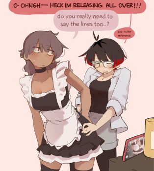 2girls absurdres black_hair black_pantyhose black_shirt black_thighhighs closed_eyes dark-skinned_female dark_skin english_text formal_clothes grey_eyes grey_hair hair_bun hands_on_another&#039;s_hips highres jacket machuuu68 maid multiple_girls open_clothes open_jacket original pants pantyhose recording red_hair semi-rimless_eyewear shirt short_hair shorts suit thighhighs white_jacket