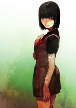 1girl amakura_mayu bandaged_leg bandages black_hair brown_dress brown_eyes closed_mouth dress fatal_frame fatal_frame_ii:_crimson_butterfly gauss_&lt;bokashi highres lips looking_at_viewer red_ribbon ribbon shadow short_hair skirt solo