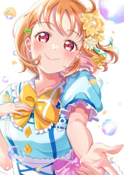1girl absurdres blue_shirt bow bowtie breast_suppress breasts commentary_request flower frilled_shirt frills green_bow hair_bow hair_flower hair_ornament highres iroenpitsu_xxx kimi_no_kokoro_wa_kagayaiteru_kai? looking_at_viewer love_live! love_live!_sunshine!! medium_breasts medium_hair orange_hair puffy_short_sleeves puffy_sleeves red_eyes shirt short_sleeves soap_bubbles solo takami_chika upper_body white_background yellow_bow yellow_bowtie yellow_flower