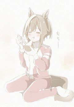 Rule 34 | 1girl, animal ears, blush, bowl, breasts, brown hair, cheval grand (umamusume), chopsticks, closed eyes, closed mouth, eating, food, hair between eyes, hakugitsu, holding, holding bowl, horse ears, horse girl, horse tail, jacket, long hair, mochi, mochi trail, multicolored hair, no headwear, pants, red jacket, red pants, red track suit, sitting, socks, solo, tail, tracen training uniform, track jacket, track pants, track suit, umamusume, wariza, white hair, white socks