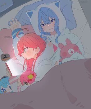 2girls ahoge animal_hood blue_eyes blue_hair blush cat_hood cellphone character_doll commentary cuddling doll dotty-44 green_eyes highres holding holding_phone hololive hood hoodie hoshimachi_suisei multiple_girls on_bed open_mouth parted_lips phone pillow pink_hair sakura_miko smartphone symbol-only_commentary under_covers virtual_youtuber white_hoodie yuri