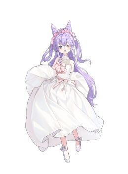 Rule 34 | 1girl, absurdres, choppy bangs, cone hair bun, double bun, dress, dress ribbon, elppi, full body, hair bun, hashtag-only commentary, head wreath, heterochromia, high heels, highres, long dress, long hair, looking at viewer, open mouth, pink ribbon, purple hair, ribbon, shoes, simple background, sleeveless, sleeveless dress, smile, solo, standing, stellive, tenko shibuki, very long hair, virtual youtuber, wedding dress, white background, white dress, white shoes