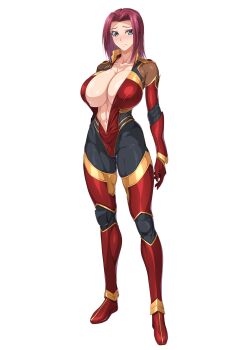 1girl abs alternate_hairstyle bodysuit breasts cleavage code_geass full_body hair_down highres kouzuki_kallen large_breasts looking_at_viewer medium_hair navel ozaneko pilot_suit red_bodysuit red_hair solo unzipped white_background