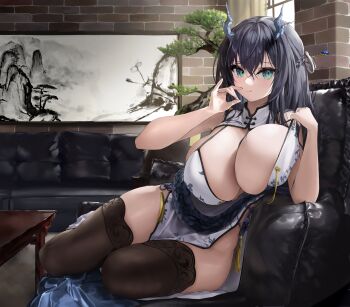 absurdres arm_rest artist_request bare_hips black_hair black_thighhighs blue_horns bonsai braid breasts brick_wall cheong_yuhwa china_dress chinese_clothes cleavage closed_mouth commentary_request commission couch curtains dot_nose dragon_girl dragon_horns dragon_tail dress green_eyes hair_between_eyes hair_ornament hair_stick half_up_braid highres horns huge_breasts ink_wash_painting korean_commentary licking_lips lifting_own_clothes light_smile long_hair no_bra oral_invitation original painting_(object) plant potted_plant reclining revealing_clothes second-party_source sitting sleeveless table tail tassel thighhighs thighs tongue tongue_out white_dress window