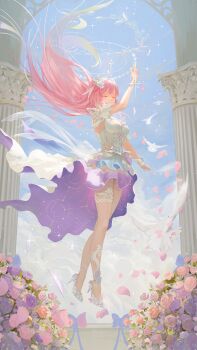 1girl absurdres bird blue_sky breasts closed_eyes commentary cyrene_(honkai:_star_rail) cyrene_(ripples_of_past_reverie)_(honkai:_star_rail) dove dress flower hair_flower hair_ornament halo high_heels highres honkai:_star_rail honkai_(series) large_breasts long_hair pink_flower pink_hair pink_rose rose sky solo stone_pillar symbol-only_commentary teeeemtim thighs very_long_hair white_dress