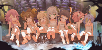 6+girls ahoge animal_ears arm_support bare_legs barefoot blonde_hair blunt_bangs cat_ears cat_tail closed_eyes convenient_censoring crossed_legs diona_(genshin_impact) dori_(genshin_impact) feet female_focus full_body genshin_impact glasses green_eyes highres huan_yu klee_(genshin_impact) leaf leaf_censor loli looking_at_viewer multiple_girls nahida_(genshin_impact) naked_towel ojou-sama_pose open_mouth pink_hair pointy_ears qiqi_(genshin_impact) red_eyes sayu_(genshin_impact) sidelocks sitting soles splashing tail toes towel water water_drop yaoyao_(genshin_impact)