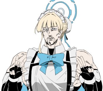 Rule 34 | 1boy, apron, beard, blonde hair, blue archive, blue bow, bow, cosplay, double v, facial hair, fingerless gloves, gloves, halo, hara tetsuo (style), highres, hokuto no ken, maid apron, maid headdress, mannungei, name connection, solo, toki (blue archive), toki (blue archive) (cosplay), toki (hokuto no ken), v, white background