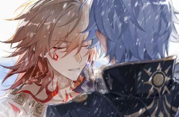 2boys absurdres armlet black_coat black_shirt blonde_hair braid chinese_commentary closed_eyes coat commentary_request earrings facial_tattoo gold_earrings gold_necklace gradient_hair highres honkai:_star_rail honkai_(series) jewelry male_focus medium_hair multicolored_hair multiple_boys mydei_(honkai:_star_rail) necklace oh_qing_yang open_clothes open_coat phainon_(honkai:_star_rail) red_hair red_tattoo shirt short_hair side_braid snowing sun_print tattoo white_hair yaoi