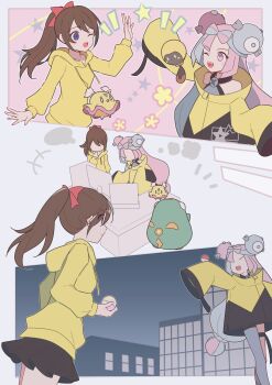 2girls 343rone absurdres bellibolt black_skirt blue_eyes blue_hair bow bow-shaped_hair breasts character_hair_ornament character_request computer desk fake_hair_bun flittle grey_pantyhose hair_bow hair_ornament halter_shirt halterneck heal_ball highres holding holding_poke_ball hood hoodie iono_(pokemon) jacket long_hair long_sleeves multicolored_hair multiple_girls nintendo one_eye_closed open_mouth outdoors oversized_clothes pantyhose pink_hair pleated_skirt poke_ball poke_ball_(basic) pokemon pokemon_(creature) pokemon_sv purple_eyes sharp_teeth shirt single_leg_pantyhose skirt sleeves_past_fingers sleeves_past_wrists smile split-color_hair tadbulb teeth two-tone_hair yellow_hoodie yellow_jacket