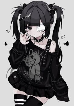 1girl asymmetrical_legwear belt_pouch black_bow black_eyes black_hair black_saliva black_skirt black_sweater black_thighhighs bow claw_pose closed_mouth collar drooling eyepatch frilled_eyepatch frown grey_background hair_bow hand_up highres knife_hair_ornament long_hair miniskirt off_shoulder original pouch rivets simple_background single-shoulder_sweater single_strap skirt sleeves_past_wrists solo spiked_collar spikes striped_clothes striped_thighhighs sweater thighhighs twintails uxvqx white_thighhighs zettai_ryouiki