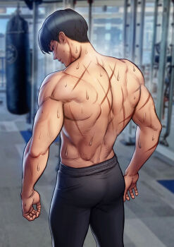 1boy absurdres ass back back_focus bare_back biceps black_hair blurry blurry_background ceo_and_bodyguard from_behind highres indoors male_focus muscular muscular_male original pants punching_bag roborobocap scar scar_on_back solo sweat taut_clothes taut_pants topless_male