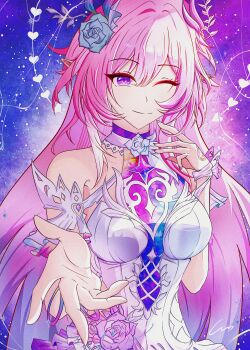 1girl ;) absurdres artist_name bare_shoulders breasts commentary_request cyrene_(honkai:_star_rail) cyrene_(ripples_of_past_reverie)_(honkai:_star_rail) diamond-shaped_pupils diamond_(shape) dress flower gruisin hair_flower hair_ornament halo highres honkai:_star_rail honkai_(series) large_breasts long_hair looking_at_viewer multicolored_hair one_eye_closed pink_hair pointy_ears purple_eyes sky smile solo star_(sky) starry_sky symbol-shaped_pupils two-tone_hair upper_body very_long_hair white_dress white_hair