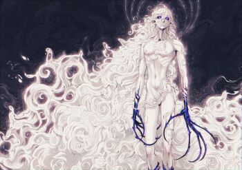 1boy @_@ absurdly_long_hair absurdres blackberreh-art claws colored_skin crow&#039;s_feet curly_hair design_speculation gender_transitioning highres long_fingers long_hair male_focus male_pubic_hair mastectomy_scar michael_shelley monster_boy navel navel_hair nipples nude pectorals pubic_hair purple_eyes ribs scar scar_on_chest skinny solo the_magnus_archives very_long_hair white_hair white_skin