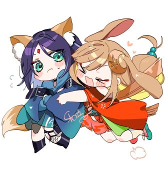 >_< 2girls animal_ears blue_hoodie blush blush_stickers brown_hair chibi chibi_only cho_kaguya-hime! closed_eyes crescent crescent_hair_ornament eyeshadow flying_sweatdrops fox_ears fox_girl fox_tail full_body green_eyes hair_ornament hashtag-only_commentary highres hood hoodie hug japanese_clothes ka_zu_neko kaguya_(cho_kaguya-hime!) kimono long_hair long_sleeves looking_at_another lop_rabbit_ears low-tied_long_hair makeup multiple_girls open_mouth purple_hair rabbit_ears red_eyeshadow red_kimono sakayori_iroha short_hair simple_background smile tail white_background