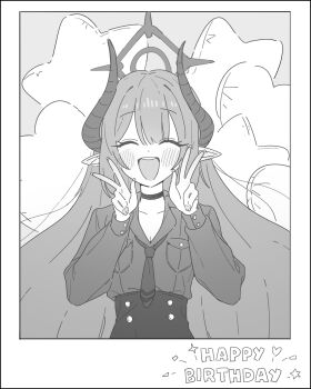 1girl :d absurdres blue_archive blush border chiaki_(blue_archive) choker double_w dydldidl english_text facing_viewer fingernails greyscale halo happy_birthday high-waist_skirt highres horns long_hair long_sleeves monochrome necktie open_mouth pointy_ears shirt skirt smile solo teeth upper_teeth_only w