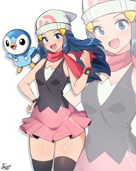 absurdres blue_eyes blue_hair dawn_(pokemon) dress gen_4_pokemon highres jarckius nintendo open_mouth piplup pokemon pokemon_dppt two-tone_dress