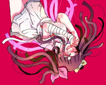 1girl apron bandaged_arm bandaged_leg bandages blue_skirt blush bow collared_shirt commentary_request crazy_eyes danganronpa_(series) danganronpa_2:_goodbye_despair eyelashes hair_bow hair_ribbon kiri_(2htkz) long_hair messy_hair mole mole_under_eye open_mouth own_hands_together pink_background pink_ribbon pink_shirt purple_hair ribbon shirt short_sleeves simple_background skirt smile solo tsumiki_mikan upside-down white_apron white_bow