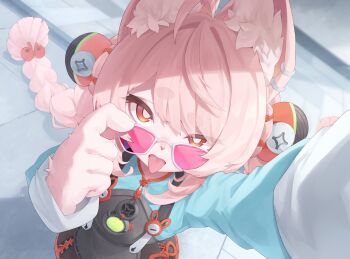 1girl adjusting_eyewear animal_ear_fluff animal_ear_piercing animal_ears blush braid braided_twintails bright_pupils commentary english_commentary from_above furry furry_female green_shirt gueya highres long_hair looking_at_viewer pink-tinted_eyewear pink_fur pink_hair rabbit_ears rabbit_girl red_eyes shirt short_eyebrows solo thick_eyebrows tinted_eyewear tongue tongue_out upper_body white-framed_eyewear white_pupils zenless_zone_zero zhao_(zenless_zone_zero)