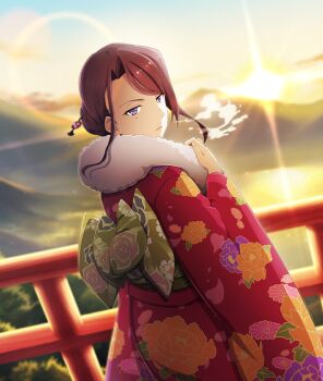 1girl blue_sky breath diffraction_spikes floral_print floral_print_kimono from_behind fur-trimmed_kimono fur_trim furisode game_cg green_sash hair_ornament hairpin hand_up japanese_clothes kimono lake looking_at_viewer looking_back mature_female mole mole_under_eye morning mountain obi official_art pink_lips print_kimono print_sash purple_eyes purple_hair railing red_kimono sash short_hair sidelocks sky solo sunrise takatsu_yukina third-party_source toji_no_miko toji_no_miko:_kizamishi_issen_no_tomoshibi