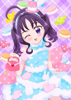Rule 34 | 1girl, ahoge, argyle background, back bow, bag, blue dress, blue hairband, bow, candy, commentary request, dress, food, fur-trimmed dress, fur trim, hairband, handbag, hat, highres, holding, holding bag, huge bow, kimi to idol precure, looking at viewer, macaron, medium hair, mini hat, mini koala, mini top hat, one eye closed, open mouth, pink bow, pink hat, precure, purple background, purple eyes, purple hair, shigure kokoro, short dress, sleeveless, sleeveless dress, smile, solo, tilted headwear, top hat, twintails