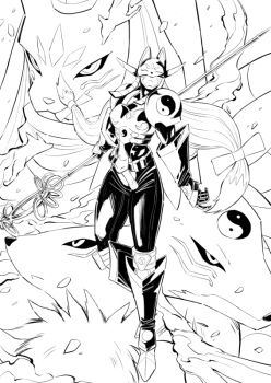 black_sclera colored_sclera digimon evolution evolutionary_line fox furry kyubimon mask monochrome renamon sakuyamon taomon yin_yang