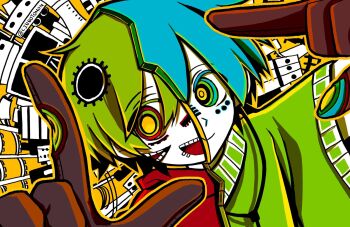 1boy :d blue_eyes brown_gloves cinnotomon closed_mouth colored_eyelashes colored_skin double-parted_bangs dutch_angle extra_mouth facial_mark foreshortening from_above genderswap genderswap_(ftm) gloves green_eyes green_hair green_sweater_vest gumiya hair_between_eyes hatsune_mikuo heterochromia highres hood hood_down hoodie index_finger_raised jewelry looking_at_viewer matryoshka_(vocaloid) multicolored_eyes necklace open_mouth outline red_eyes red_hoodie ringed_eyes short_hair sideways_glance simple_background smile split_theme sweater_vest teeth tongue turtleneck upper_body upper_teeth_only vocaloid white_skin yellow_background yellow_outline yellow_pupils