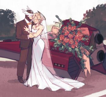 1boy 1girl alternate_costume blonde_hair bouquet bow bowtie bridal_veil closed_eyes dress f-zero flower formal_clothes full_body highres husband_and_wife jewelry long_hair mask monkii_(mjooolnina) mrs._arrow nail_polish necklace nintendo outdoors queen_meteor red_nails smile suit super_arrow veil wedding wedding_dress