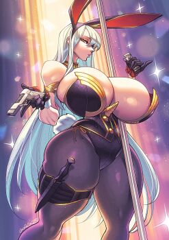 absurdres adapted_costume animal_ears black_leotard black_pantyhose breasts fake_animal_ears gigantic_breasts gofa gun handgun highres holding holding_gun holding_weapon holster knife leotard long_hair magazine_(weapon) pantyhose playboy_bunny pole red_eyes selvaria_bles senjou_no_valkyria senjou_no_valkyria_(series) senjou_no_valkyria_1 simple_background standing stripper_pole thick_thighs thigh_holster thighs very_long_hair weapon white_hair