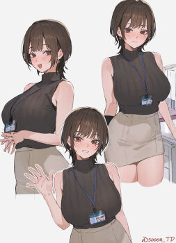 1girl :d absurdres artist_name black_sweater breasts brown_eyes brown_hair brown_skirt clipboard commentary_request highres holding holding_clipboard id_card lanyard large_breasts looking_at_viewer mole mole_under_eye monitor multiple_views open_mouth original pencil_skirt saeki_misaki simple_background skirt sleeveless sleeveless_sweater smile sooon standing sweater thighs twitter_username watermark waving white_background