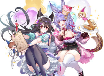 aki663 animal_ears black_hair blue_hair blush braid breasts cleavage djeeta_(granblue_fantasy) erune flower gran_(granblue_fantasy) granblue_fantasy hair_between_eyes hair_ornament highres jewelry large_breasts long_hair looking_at_viewer medium_breasts nier_(granblue_fantasy) open_mouth red_eyes smile thighhighs thighs tikoh