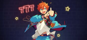 Rule 34 | 1boy, akehoshi subaru, belt, blue eyes, coin, ensemble stars!, floating clothes, game cg, hair between eyes, hands up, happy elements, jacket, layered clothes, long sleeves, looking at viewer, male focus, midriff peek, official art, open clothes, open jacket, open mouth, orange hair, shirt, short hair, smile, solo, star (symbol), surprising thanks!! (ensemble stars!), teeth, third-party source, thumbs up, upper body, upper teeth only, variant set, white shirt, zipper pull tab