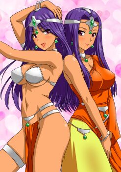 2girls :d absurdres armlet bracelet breasts choker circlet cleavage commentary_request cowboy_shot dancer dark-skinned_female dark_skin dragon_quest dragon_quest_iv dress earrings forehead_jewel fortune_teller gem green_gemstone heart highres jewelry large_breasts long_hair looking_at_another looking_to_the_side manya_(dq4) metal_bikini minea_(dq4) multicolored_dress multiple_girls navel open_mouth orange_dress parted_hair pelvic_curtain pink_background purple_eyes purple_hair siblings sideboob silver_armlet silver_bracelet silver_choker silver_circlet silver_thighlet single_sleeve sisters smile sphere_earrings thighlet underboob yellow_dress yuuyuu_(3jjbn)