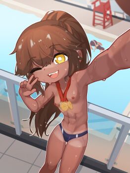 2girls abs absurdres afloat arm_up armpits blurry blurry_background breasts bright_pupils brown_hair commission dark_nipples dark_skin face_down fangs fisheye foreshortening from_above hair_between_eyes hand_up high_ponytail highres loli long_hair looking_at_viewer medal multiple_girls nanachides navel nipples one-piece_swimsuit one_eye_closed open_mouth original outstretched_arm ponytail pool small_breasts small_nipples smile solo_focus stomach swim_cap swimsuit tan tanline thigh_gap toned toned_female topless_female unaligned_breasts v very_long_hair water wet wet_face wet_hair white_pupils yellow_eyes