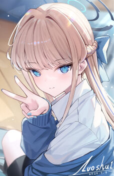 1girl absurdres blonde_hair blue_archive blue_bow blue_cardigan blue_eyes blue_hair blurry blurry_background blush bow braid cardigan commentary dated fingernails hair_bow half_up_braid half_updo halo highres light_smile looking_at_viewer looking_to_the_side luo_shu multicolored_hair nail_polish official_alternate_costume school_uniform shirt signature sitting solo streaked_hair toki_(blue_archive) toki_(school_uniform)_(blue_archive) two-tone_hair v white_shirt
