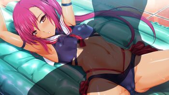 1boy 1girl air_mattress arm_strap armband armpits arms_up bikini blush boy_on_top breasts brown_eyes cameltoe censored choukou_(alicesoft) choukou_shinki_ixseal covered_erect_nipples from_above game_cg hair_between_eyes hetero houshou_kirika inflatable_raft large_variant_set long_hair looking_at_viewer lying mosaic_censoring navel non-web_source official_art on_back onigirikun paizuri parted_lips penis penis_shadow pink_hair ponytail sailor_collar see-through_clothes shadow side_ponytail small_breasts solo_focus spread_legs swimsuit tan variant_set very_long_hair wet