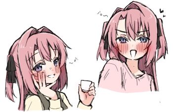 Rule 34 | 1girl, black ribbon, blue eyes, blush, choko (cup), commentary request, cup, drunk, hair ribbon, hand on own face, heart, holding, holding cup, kamiina botan, kamiina botan yoeru sugata wa yuri no hana, long hair, multiple views, open mouth, pink hair, pink shirt, ribbon, shirt, simple background, smile, tro illust0821, two side up, white background, yellow shirt