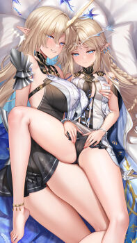 2girls anklet bare_legs bare_shoulders barefoot black_panties black_skirt blonde_hair blue_eyes blue_hair blush braid breasts cameltoe cartethyia_(wuthering_waves) closed_mouth colored_inner_hair cross-laced_clothes cross-laced_dress crown_of_thorns dakimakura_(medium) dress earrings fleurdelys_(wuthering_waves) grabbing_another&#039;s_breast grabbing_from_behind groping horns jewelry jg&amp;solin large_breasts long_hair long_horns looking_at_viewer lying miniskirt multicolored_hair multiple_girls on_back on_side panties parted_bangs pleated_skirt pointy_ears single_horn skirt small_breasts smile spread_legs tabard tacet_mark_(wuthering_waves) toes underwear unicorn very_long_hair white_tabard wuthering_waves yellow_horns yuri
