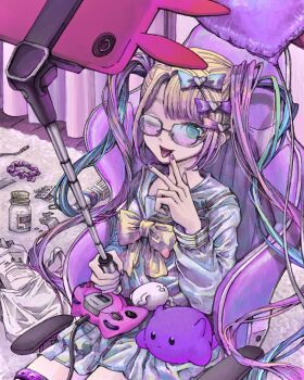 1girl ;d bag blonde_hair blue_bow blue_eyes blue_hair bottle bow bowtie cellphone chair chouzetsusaikawa_tenshi-chan controller curtains dreamcast_controller fingernails game_controller gaming_chair glasses gradient-tinted_eyewear hair_bow hair_intakes hand_up heart highres holding homoo... indoors konnyakutarooou light_blue_hair long_hair miniskirt multicolored_hair multiple_hair_bows nail_polish needy_girl_overdose one_eye_closed open_mouth phone pill pill_bottle pink-tinted_eyewear pink_bow pink_hair pink_nails plastic_bag pleated_skirt purple_bow rug sailor_collar school_uniform selfie_stick serafuku shirt sitting skirt smartphone smartphone_case smile swivel_chair teeth tinted_eyewear tongue tongue_out twintails upper_teeth_only very_long_hair water_bottle white_sailor_collar white_serafuku white_shirt white_skirt yellow_bow yellow_bowtie