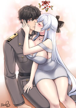 1boy 1girl black_choker blush breasts brown_hair choker christmas cinderella_(beautiful_me)_(nikke) cinderella_(nikke) cleavage commander_(nikke) commentary dongtan_dress dress english_commentary goddess_of_victory:_nikke grey_dress heart heart_necklace hetero highres hoshiberuu jacket jewelry kiss large_breasts long_hair military_jacket military_uniform mistletoe necklace necklace_between_breasts official_alternate_costume open_mouth short_hair surprise_kiss surprised taut_clothes taut_dress very_long_hair white_hair