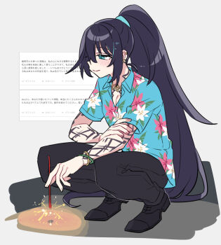 1boy arm_tattoo black_hair black_shoes blue_shirt bracelet collared_shirt commentary ear_piercing fireworks hawaiian_shirt high_ponytail highres holding holding_fireworks hong_lu_(project_moon) jewelry limbus_company long_hair neck_tattoo necklace piercing ponytail project_moon senkou_hanabi shiki_(shikki46) shirt shoes solo sparkler squatting tattoo tingtang_gang_(identity)_(project_moon) translation_request very_long_hair