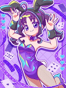 1girl absurdres ahoge animal_ear_hairband animal_ears arms_up black_wrist_cuffs bow bowtie breasts card cleavage collarbone commentary_request commission detached_collar fake_animal_ears fake_tail fishnet_pantyhose fishnets hairband highres hitode_fish kimi_to_idol_precure leotard nontraditional_playboy_bunny outline pantyhose playing_card precure purple_background purple_bow purple_bowtie purple_leotard purple_ribbon purple_shoes rabbit_ear_hairband rabbit_ears rabbit_tail ribbon shigure_kokoro shoes smile solo strapless strapless_leotard tail twintails white_outline wrist_cuffs