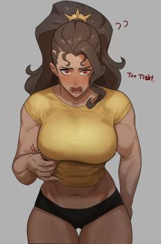 1girl black_panties blush breasts brown_hair commentary cowboy_shot english_text flying_sweatdrops grey_background highres hong_doo large_breasts long_hair looking_at_viewer muscular muscular_female open_mouth overwatch panties ponytail red_eyes shirt short_sleeves simple_background solo symbol-only_commentary tight_clothes tight_shirt undersized_clothes underwear vendetta_(overwatch) yellow_shirt