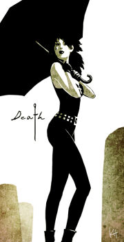 1girl ankh belt black_gloves black_hair black_pants camisole character_name dc_comics death_(dc) death_(entity) female_focus gloves kit pale_skin pants solo standing the_sandman tombstone umbrella