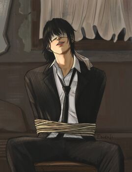 1boy artist_name bandages black_hair black_jacket black_pants blindfold bound bound_arms chainsaw_man collared_shirt cropped_legs curtains earrings einruji formal_clothes hair_between_eyes hayakawa_aki highres hostage jacket jewelry male_focus medium_hair open_mouth pants shirt sitting smirk solo spread_legs stud_earrings suit teeth tied_up_(nonsexual) upper_teeth_only white_shirt