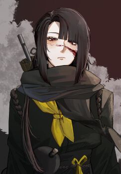 1girl black_hair blood blood_on_face chinese_clothes closed_mouth cloud gourd highres hongyuan_(identity)_(project_moon) limbus_company long_hair looking_at_viewer minihayagi project_moon red_background red_eyes ryoshu_(project_moon) smoke solo upper_body weapon weapon_on_back