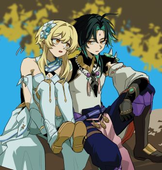 1boy 1girl absurdres arm_tattoo bead_necklace beads black_gloves black_hair blonde_hair bloomers blue_sky blurry blurry_background boots breasts cleavage commentary_request day detached_sleeves dress facial_hair facial_mark flower forehead_mark genshin_impact gloves green_hair hair_between_eyes hair_flower hair_ornament hetero highres hugging_own_legs in_tree isaraa_005 jewelry korean_commentary leaning_on_person lumine_(genshin_impact) medium_breasts multicolored_hair necklace open_mouth orange_eyes outdoors short_hair_with_long_locks sitting sky sleeveless sleeveless_dress tassel tattoo thigh_boots tree underwear white_bloomers white_dress white_flower xiao_(genshin_impact)