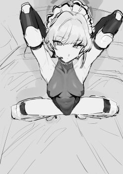 1girl arms_behind_head bare_shoulders black_gloves blue_archive braid breasts covered_erect_nipples covered_navel detached_collar earpiece elbow_gloves expressionless gloves greyscale groin half_up_braid halo heattech_leotard highleg highleg_leotard highres leotard looking_at_viewer maid_headdress mecha_pilot_suit medium_breasts monochrome mons_pubis multicolored_leotard pointy_breasts short_hair solo spread_legs squatting strapless suisogenshi thighhighs toki_(abi-eshuh)_(blue_archive) toki_(blue_archive) turtleneck two-tone_leotard white_thighhighs