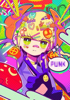 1girl :t absurdres blonde_hair censored duel_monster earrings gloves green_eyes hair_ornament headgear heart heart_sticker highres inward_w japanese_clothes jewelry kimono looking_at_viewer medium_hair mosaic_censoring neon_palette noh-p.u.n.k._ze_amin purple_kimono ro_g_(oowack) solo sticker ultraviolet_light w yu-gi-oh!