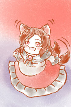 1girl :d animal_ears black_dress blush brooch brown_hair commentary_request deformed dress ear_wiggle enriend full_body gem gradient_background imaizumi_kagerou jewelry long_dress long_hair long_sleeves open_mouth parted_bangs red_background red_dress red_eyes red_gem smile solo straight_hair tail tail_wagging touhou white_background white_dress wolf_ears wolf_girl wolf_tail yukkuri_shiteitte_ne